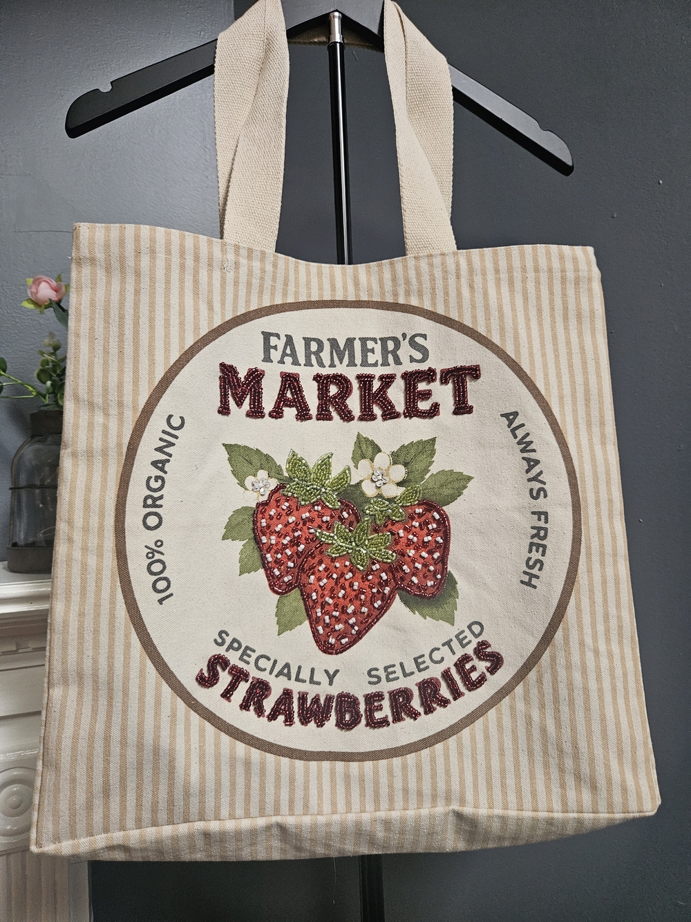 🍓Farmer's Market Beaded Strawberries Large Tote / Bag- New🍓